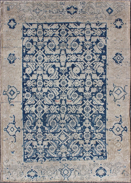 Antique Persian Distressed Malayer Rug With All - Over Herati Design in Navy Blue & Earth Tones. All - over blue geometric Herati design Persian Antique Malayer distressed rug in navy blue and earthy tones. Antique Persian rug in navy tones with geo... - Keivan Woven ArtsEN - 165849 - 9504