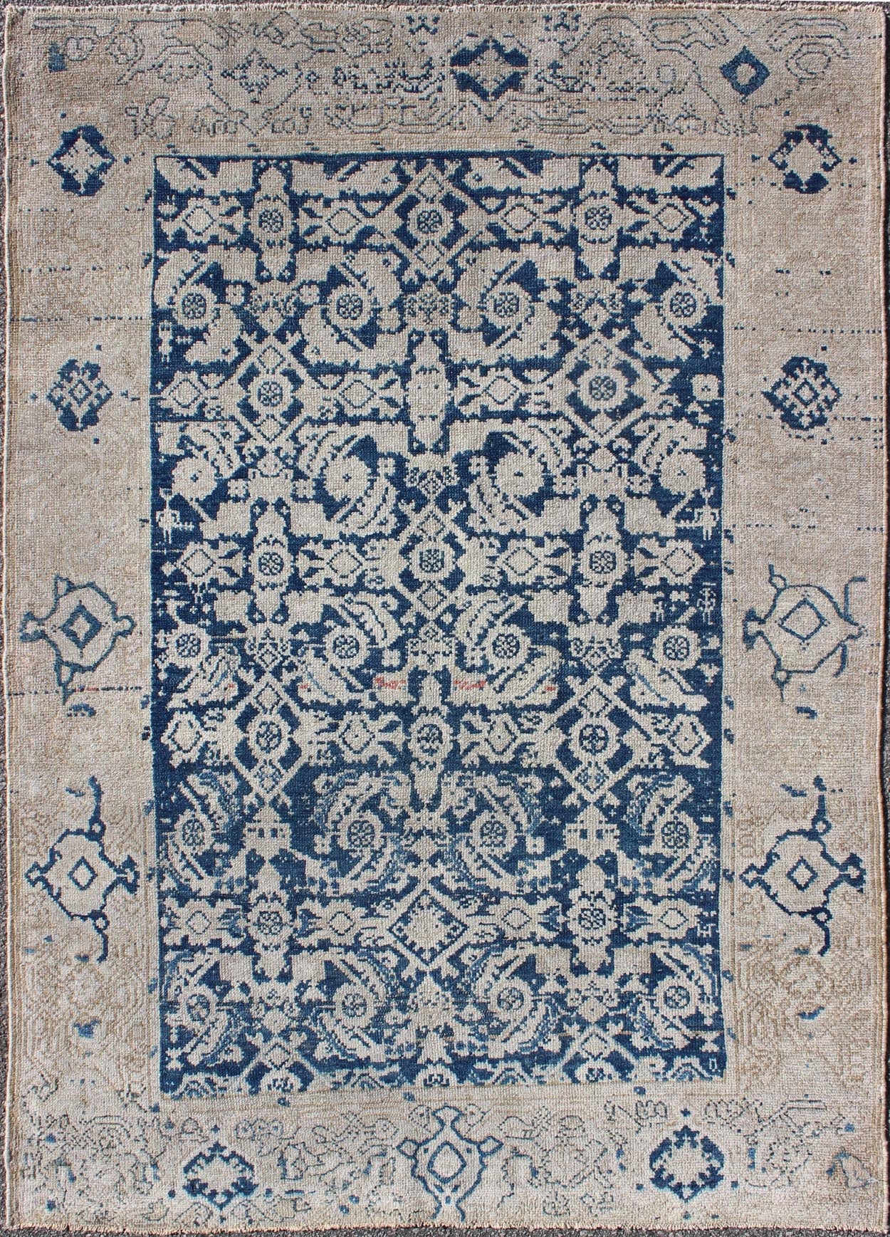 Antique Persian Distressed Malayer Rug With All - Over Herati Design in Navy Blue & Earth Tones. All - over blue geometric Herati design Persian Antique Malayer distressed rug in navy blue and earthy tones. Antique Persian rug in navy tones with geo... - Keivan Woven ArtsEN - 165849 - 9504Rug