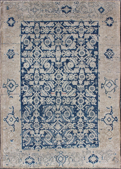 Antique Persian Distressed Malayer Rug With All - Over Herati Design in Navy Blue & Earth Tones. All - over blue geometric Herati design Persian Antique Malayer distressed rug in navy blue and earthy tones. Antique Persian rug in navy tones with geo... - Keivan Woven ArtsEN - 165849 - 9504Rug