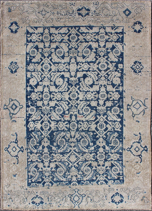 Antique Persian Distressed Malayer Rug With All - Over Herati Design in Navy Blue & Earth Tones. All - over blue geometric Herati design Persian Antique Malayer distressed rug in navy blue and earthy tones. Antique Persian rug in navy tones with geo... - Keivan Woven ArtsEN - 165849 - 9504Rug