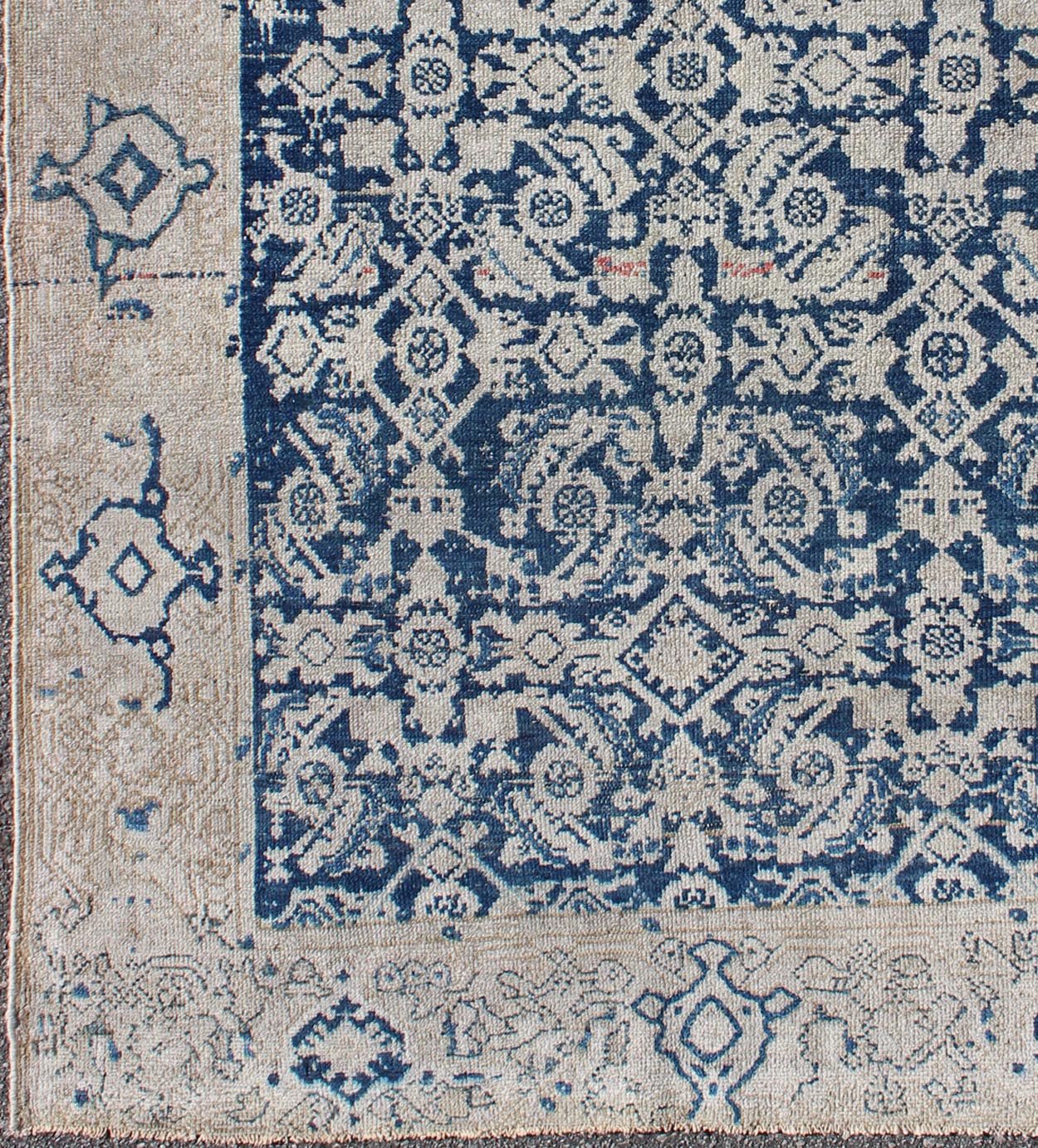 Antique Persian Distressed Malayer Rug With All - Over Herati Design in Navy Blue & Earth Tones. All - over blue geometric Herati design Persian Antique Malayer distressed rug in navy blue and earthy tones. Antique Persian rug in navy tones with geo... - Keivan Woven ArtsEN - 165849 - 9504Rug