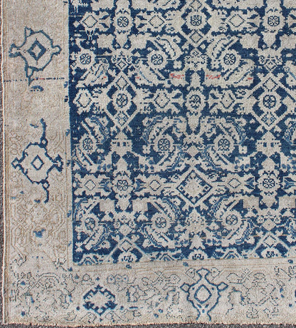 Antique Persian Distressed Malayer Rug With All - Over Herati Design in Navy Blue & Earth Tones. All - over blue geometric Herati design Persian Antique Malayer distressed rug in navy blue and earthy tones. Antique Persian rug in navy tones with geo... - Keivan Woven ArtsEN - 165849 - 9504Rug