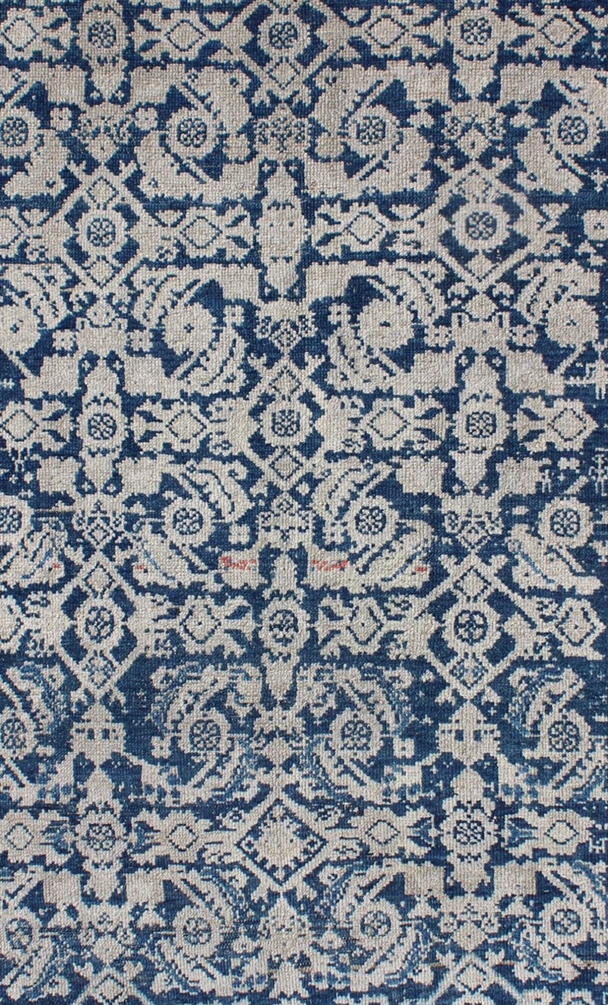Antique Persian Distressed Malayer Rug With All - Over Herati Design in Navy Blue & Earth Tones. All - over blue geometric Herati design Persian Antique Malayer distressed rug in navy blue and earthy tones. Antique Persian rug in navy tones with geo... - Keivan Woven ArtsEN - 165849 - 9504Rug