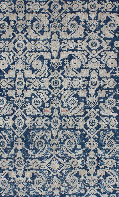 Antique Persian Distressed Malayer Rug With All - Over Herati Design in Navy Blue & Earth Tones. All - over blue geometric Herati design Persian Antique Malayer distressed rug in navy blue and earthy tones. Antique Persian rug in navy tones with geo... - Keivan Woven ArtsEN - 165849 - 9504Rug