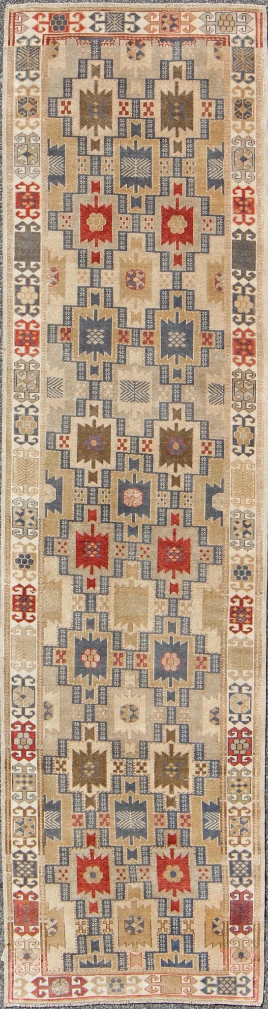 Fabulous Turkish Antique Oushak Runner with Geometric Motifs in Multi Colors. Exciting Multi - Colored Geometric Medallions in the field complemented by repeating geometric elements in the border. Antique Oushak Runner, rug tu - vey - 4811, country o... - Keivan Woven ArtsEN - 165866 - 9508Rug