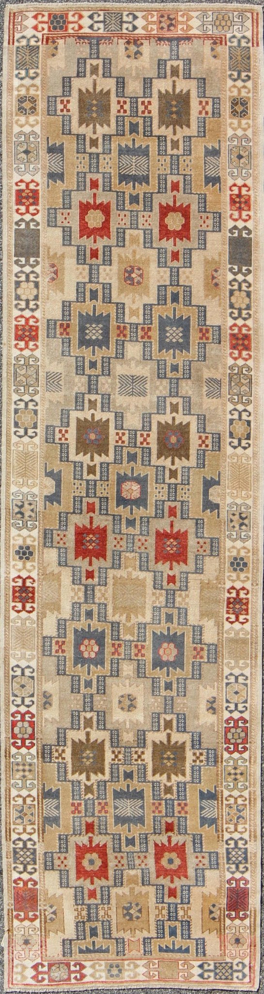 Fabulous Turkish Antique Oushak Runner with Geometric Motifs in Multi Colors. Exciting Multi - Colored Geometric Medallions in the field complemented by repeating geometric elements in the border. Antique Oushak Runner, rug tu - vey - 4811, country o... - Keivan Woven ArtsEN - 165866 - 9508Rug
