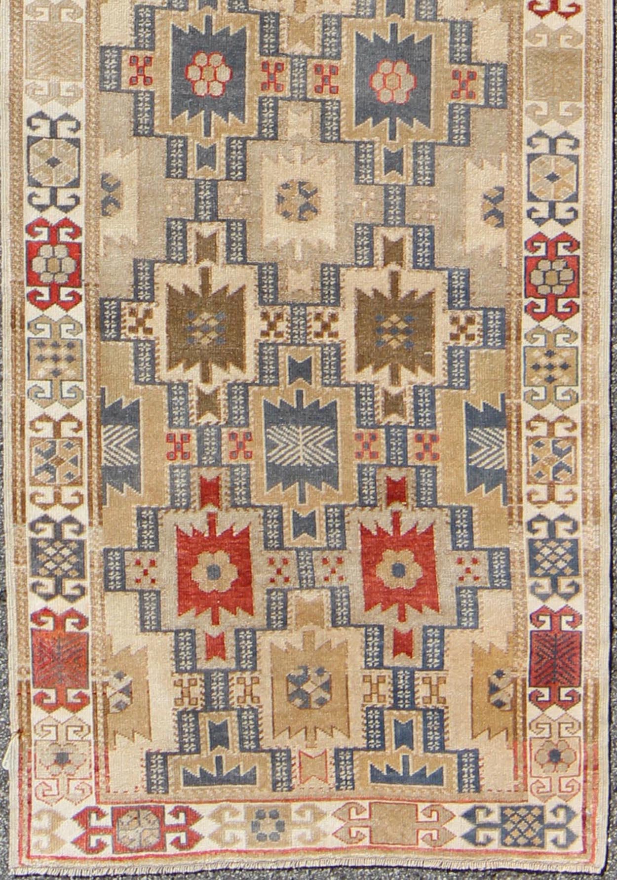 Fabulous Turkish Antique Oushak Runner with Geometric Motifs in Multi Colors. Exciting Multi - Colored Geometric Medallions in the field complemented by repeating geometric elements in the border. Antique Oushak Runner, rug tu - vey - 4811, country o... - Keivan Woven ArtsEN - 165866 - 9508Rug