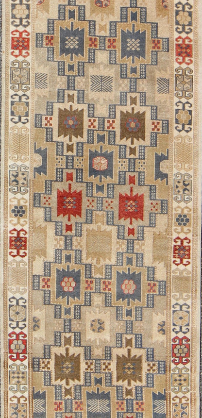 Fabulous Turkish Antique Oushak Runner with Geometric Motifs in Multi Colors. Exciting Multi - Colored Geometric Medallions in the field complemented by repeating geometric elements in the border. Antique Oushak Runner, rug tu - vey - 4811, country o... - Keivan Woven ArtsEN - 165866 - 9508Rug