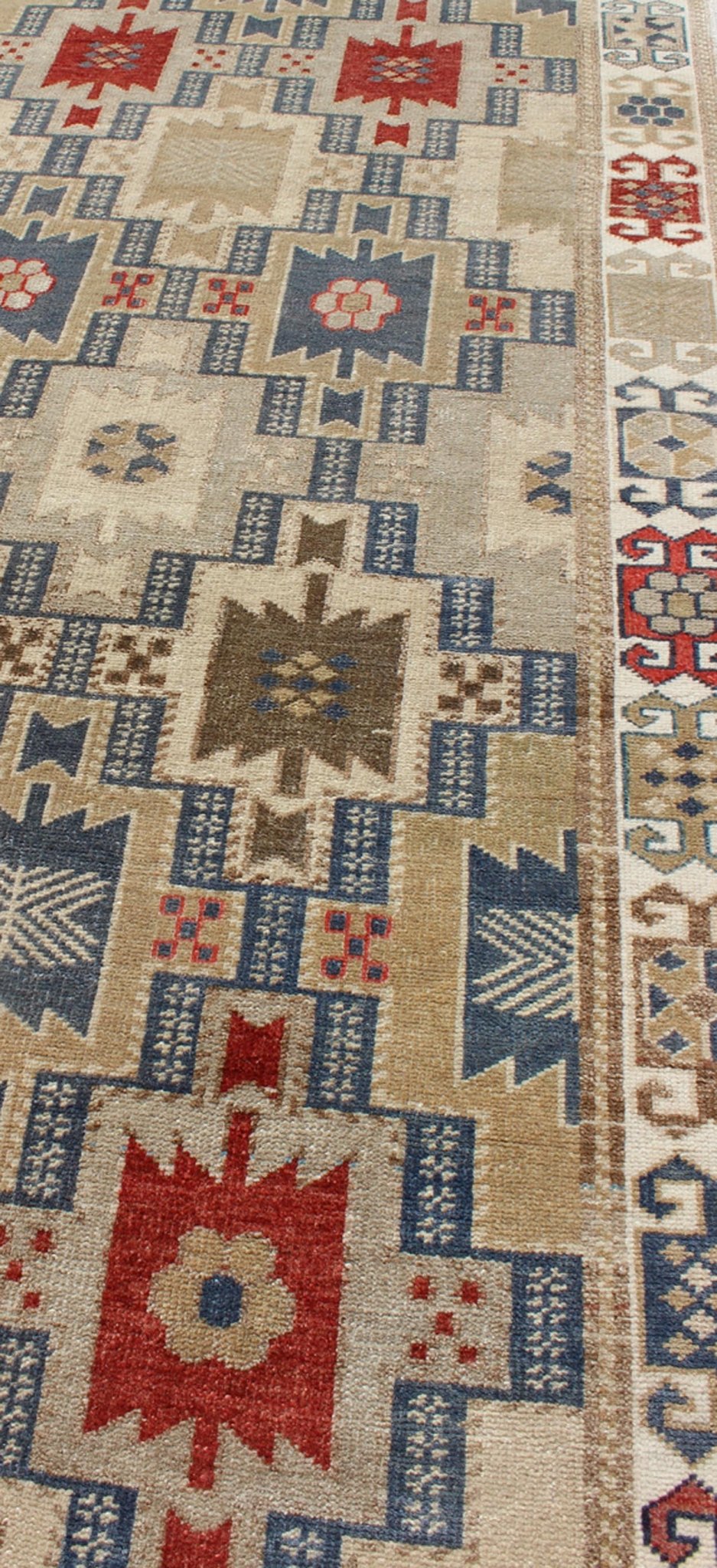 Fabulous Turkish Antique Oushak Runner with Geometric Motifs in Multi Colors. Exciting Multi - Colored Geometric Medallions in the field complemented by repeating geometric elements in the border. Antique Oushak Runner, rug tu - vey - 4811, country o... - Keivan Woven ArtsEN - 165866 - 9508Rug