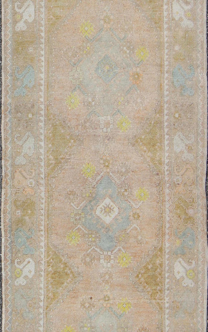 Soft Colors Vintage Turkish Oushak Runner, Vintage Turkish Runner with Four Medallion Design Watercolor Turkish Oushak Runner, rug EN - 165867, country of origin / type: Turkey / Oushak, circa 1940 This vintage Turkish Oushak runner feature... - Keivan Woven ArtsEN - 165867 - 9512Rug