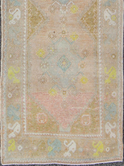 Soft Colors Vintage Turkish Oushak Runner, Vintage Turkish Runner with Four Medallion Design Watercolor Turkish Oushak Runner, rug EN - 165867, country of origin / type: Turkey / Oushak, circa 1940 This vintage Turkish Oushak runner feature... - Keivan Woven ArtsEN - 165867 - 9512Rug