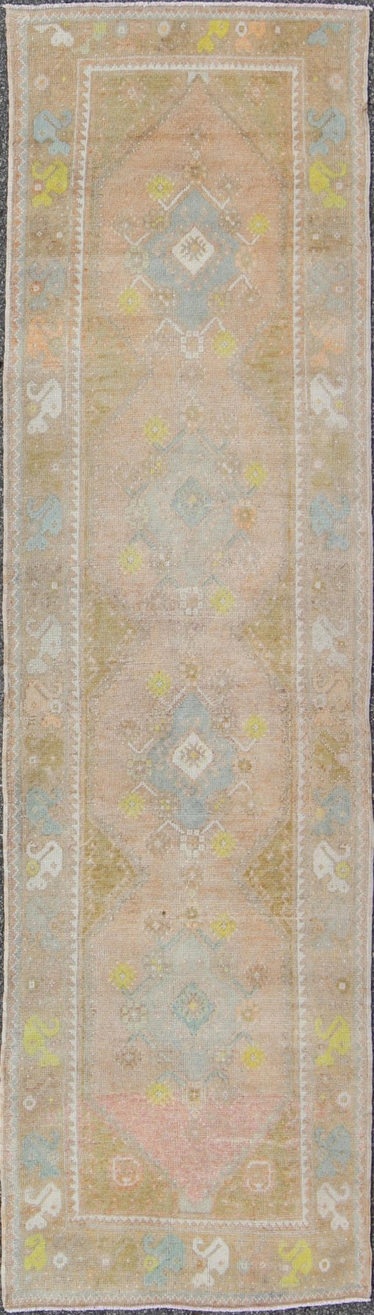 Soft Colors Vintage Turkish Oushak Runner, Vintage Turkish Runner with Four Medallion Design Watercolor Turkish Oushak Runner, rug EN - 165867, country of origin / type: Turkey / Oushak, circa 1940 This vintage Turkish Oushak runner feature... - Keivan Woven ArtsEN - 165867 - 9512Rug