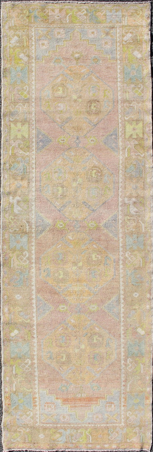 Vintage Turkish Oushak Runner With Geometric Medallions in Light Blue and Yellow Light Blue, Yellow, light Brown, light gray blue, light green and multi colors vintage Turkish Oushak runner with Geometric medallions, Keivan Woven Arts / rug EN - ... - Keivan Woven ArtsEN - 165869 - 9516Rug