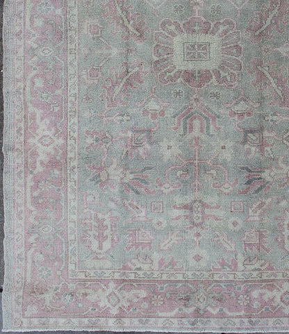 Medallion Design Turkish Antique Oushak Rug in Light Tones of Pink, Blush, Nude, L.Green, rug en - 165872, country of origin / type: Turkey / Oushak, circa 1930 This vintage Turkish Oushak carpet (circa mid - 20th century) features a central medalli... - Keivan Woven ArtsEN - 165872 - 10173Rug