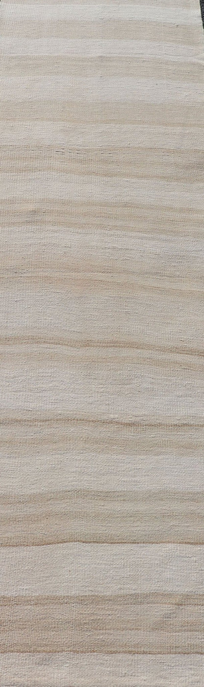 Vintage Turkish Kilim Runner with Stripes in Light Taupe and Neutral Tones. Light Stripe design Kilim runner in cream and taupe. Keivan Woven Arts / rug EN - 165888, country of origin / type: Turkey / Kilim, circa 1950 Measures: 2'4 x 11'9 ... - Keivan Woven ArtsEN - 165888 - 14490Rug