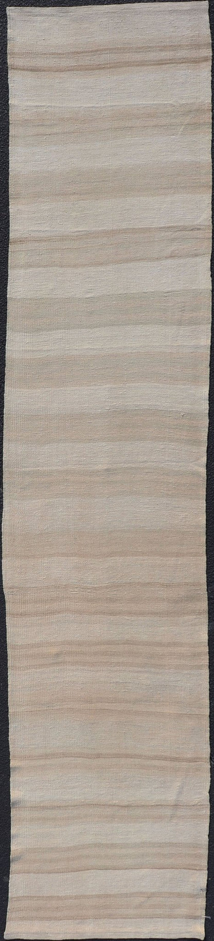 Vintage Turkish Kilim Runner with Stripes in Light Taupe and Neutral Tones. Light Stripe design Kilim runner in cream and taupe. Keivan Woven Arts / rug EN - 165888, country of origin / type: Turkey / Kilim, circa 1950 Measures: 2'4 x 11'9 ... - Keivan Woven ArtsEN - 165888 - 14490Rug
