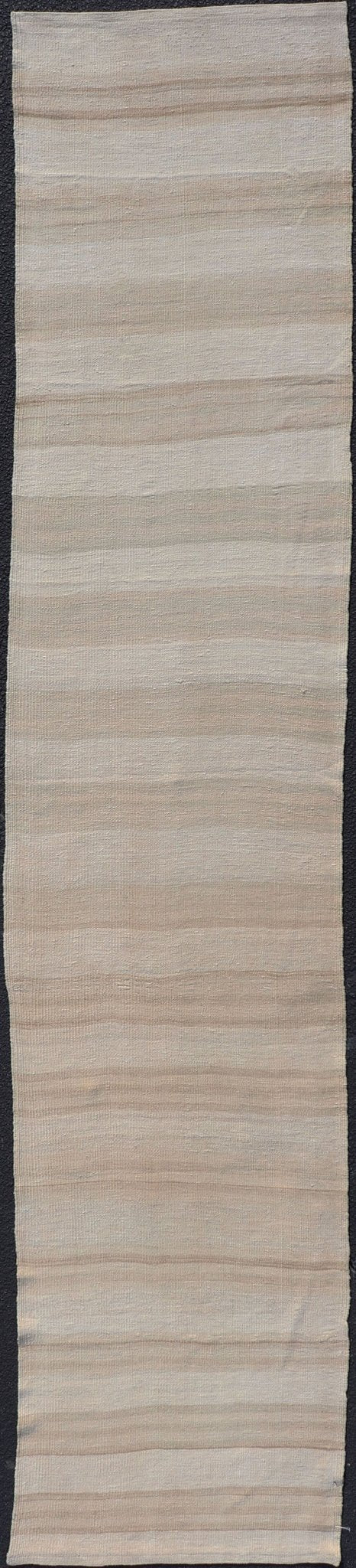 Vintage Turkish Kilim Runner with Stripes in Light Taupe and Neutral Tones. Light Stripe design Kilim runner in cream and taupe. Keivan Woven Arts / rug EN - 165888, country of origin / type: Turkey / Kilim, circa 1950 Measures: 2'4 x 11'9 ... - Keivan Woven ArtsEN - 165888 - 14490Rug