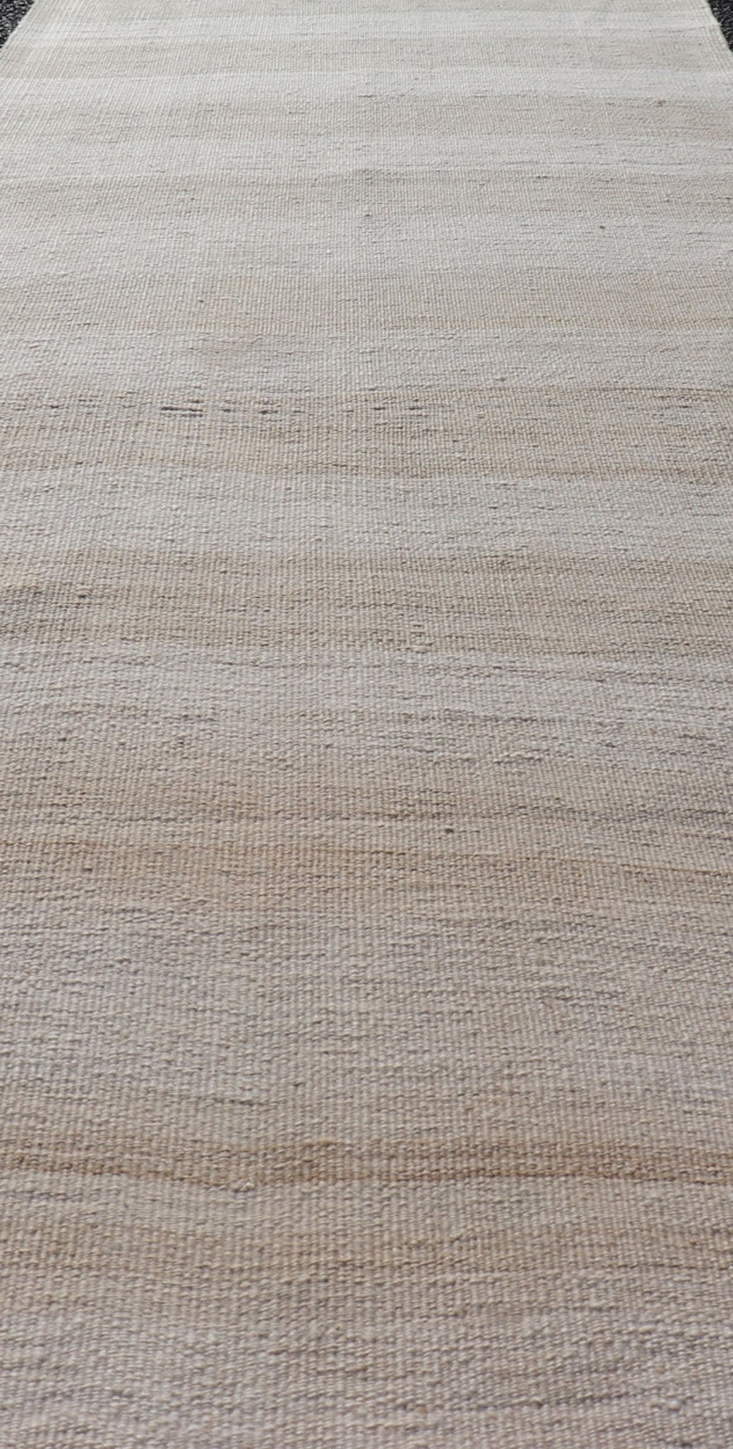 Vintage Turkish Kilim Runner with Stripes in Light Taupe and Neutral Tones. Light Stripe design Kilim runner in cream and taupe. Keivan Woven Arts / rug EN - 165888, country of origin / type: Turkey / Kilim, circa 1950 Measures: 2'4 x 11'9 ... - Keivan Woven ArtsEN - 165888 - 14490Rug