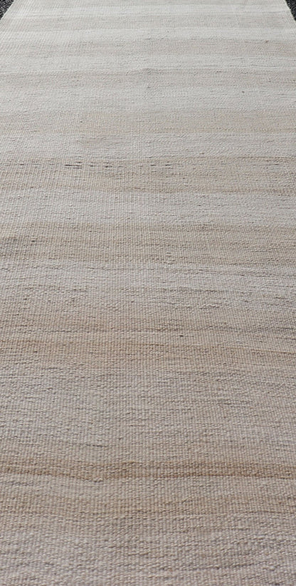 Vintage Turkish Kilim Runner with Stripes in Light Taupe and Neutral Tones. Light Stripe design Kilim runner in cream and taupe. Keivan Woven Arts / rug EN - 165888, country of origin / type: Turkey / Kilim, circa 1950 Measures: 2'4 x 11'9 ... - Keivan Woven ArtsEN - 165888 - 14490Rug