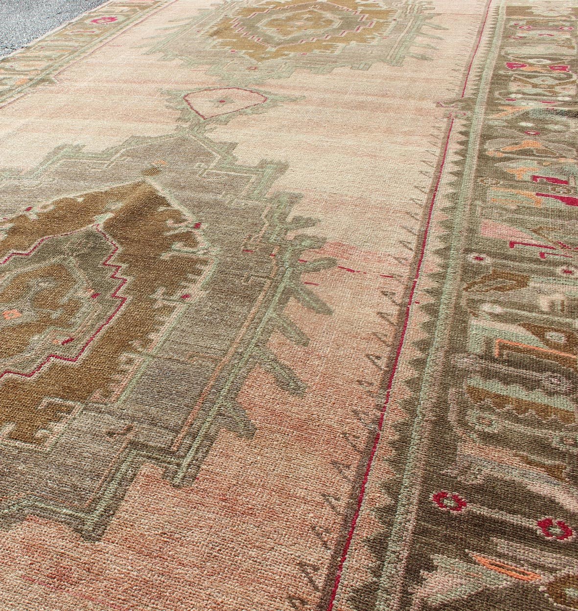 Over Sized Turkish Gallery Runner with Two Large Medallions in Salmon and Browns kwarugs Vintage wide Gallery runner from Turkey with Medallion design in various tones of blush, salmon, light pink, various shades of greens and browns rug / Keiva... - Keivan Woven ArtsEN - 165931 - 12375Rug