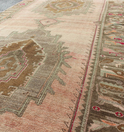 Over Sized Turkish Gallery Runner with Two Large Medallions in Salmon and Browns kwarugs Vintage wide Gallery runner from Turkey with Medallion design in various tones of blush, salmon, light pink, various shades of greens and browns rug / Keiva... - Keivan Woven ArtsEN - 165931 - 12375Rug