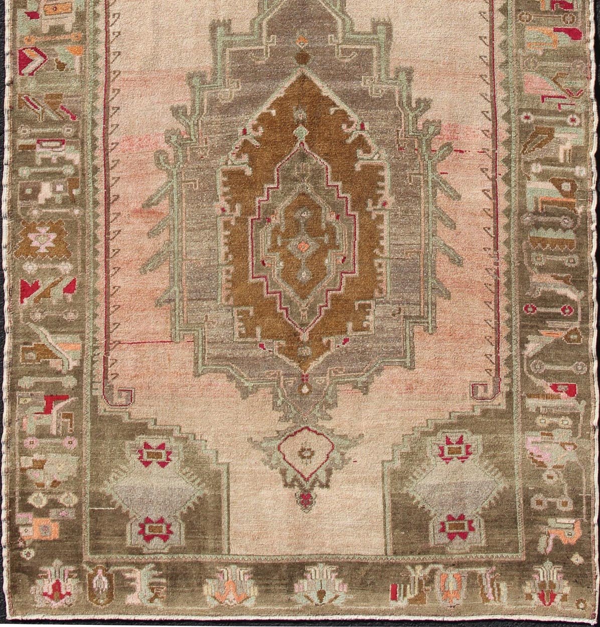 Over Sized Turkish Gallery Runner with Two Large Medallions in Salmon and Browns kwarugs Vintage wide Gallery runner from Turkey with Medallion design in various tones of blush, salmon, light pink, various shades of greens and browns rug / Keiva... - Keivan Woven ArtsEN - 165931 - 12375Rug
