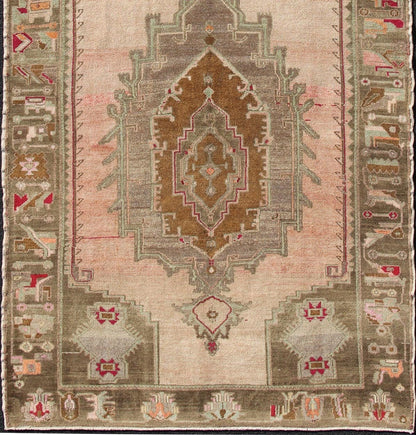 Over Sized Turkish Gallery Runner with Two Large Medallions in Salmon and Browns kwarugs Vintage wide Gallery runner from Turkey with Medallion design in various tones of blush, salmon, light pink, various shades of greens and browns rug / Keiva... - Keivan Woven ArtsEN - 165931 - 12375Rug