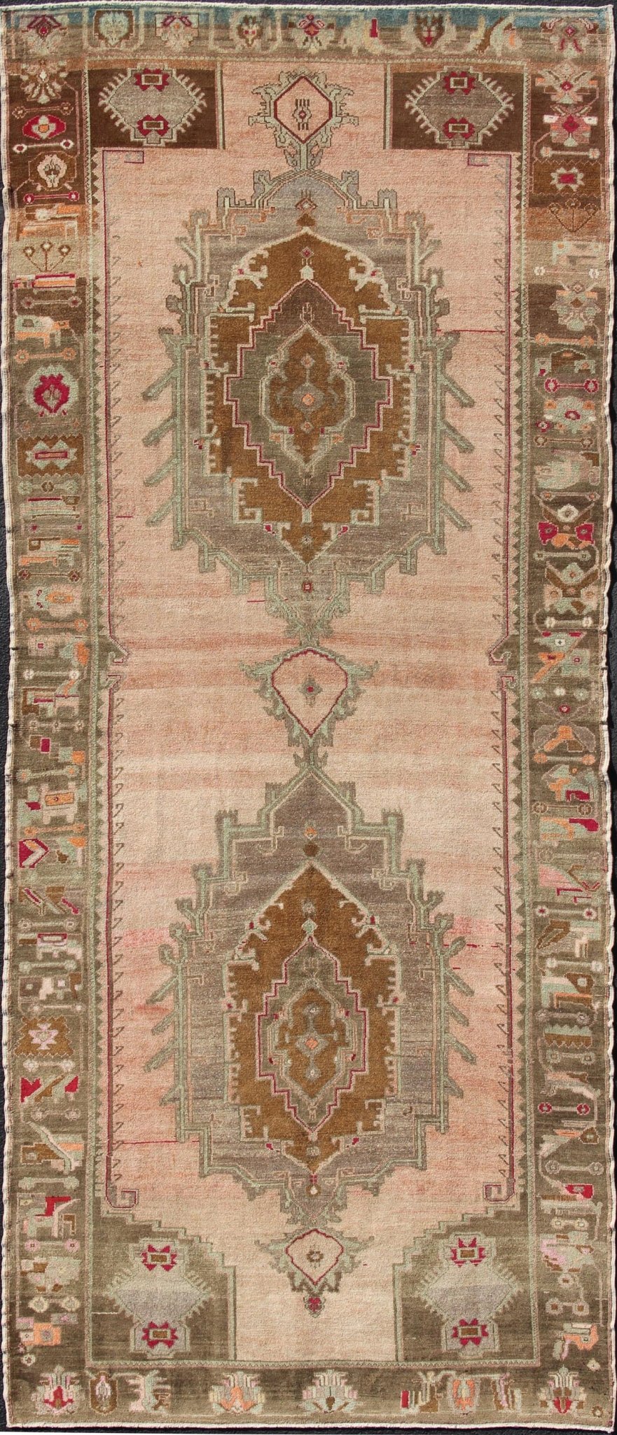 Over Sized Turkish Gallery Runner with Two Large Medallions in Salmon and Browns kwarugs Vintage wide Gallery runner from Turkey with Medallion design in various tones of blush, salmon, light pink, various shades of greens and browns rug / Keiva... - Keivan Woven ArtsEN - 165931 - 12375