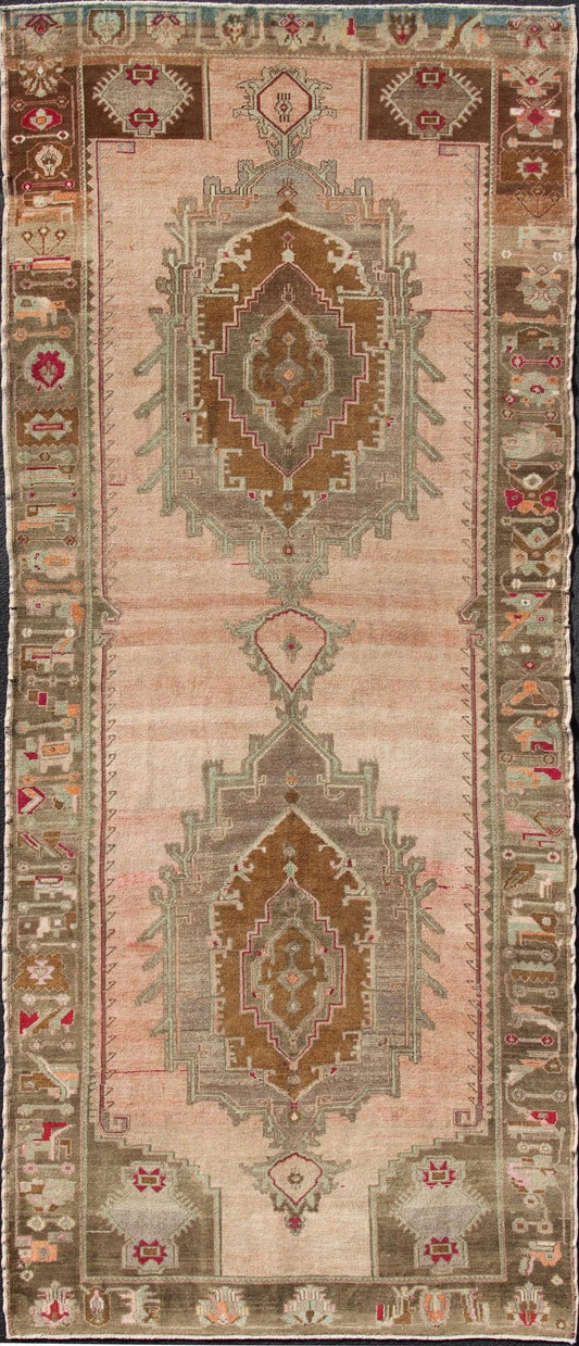 Over Sized Turkish Gallery Runner with Two Large Medallions in Salmon and Browns kwarugs Vintage wide Gallery runner from Turkey with Medallion design in various tones of blush, salmon, light pink, various shades of greens and browns rug / Keiva... - Keivan Woven ArtsEN - 165931 - 12375