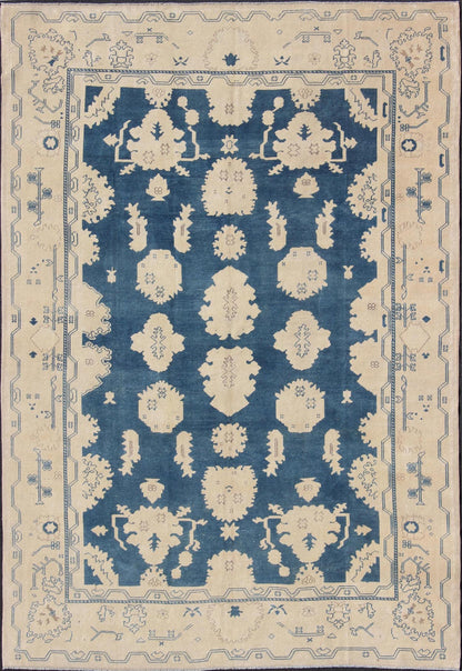 Vintage Turkish Oushak Rug with All - Over Design in Royal Blue and Ivory kwarugs Nude and Royal blue Oushak rug vintage from Turkey with all - over design of etched motifs, rug en - 165934, country of origin / type: Turkey / Oushak, circa 1940. ... - Keivan Woven ArtsEN - 165934 - 10622Rug