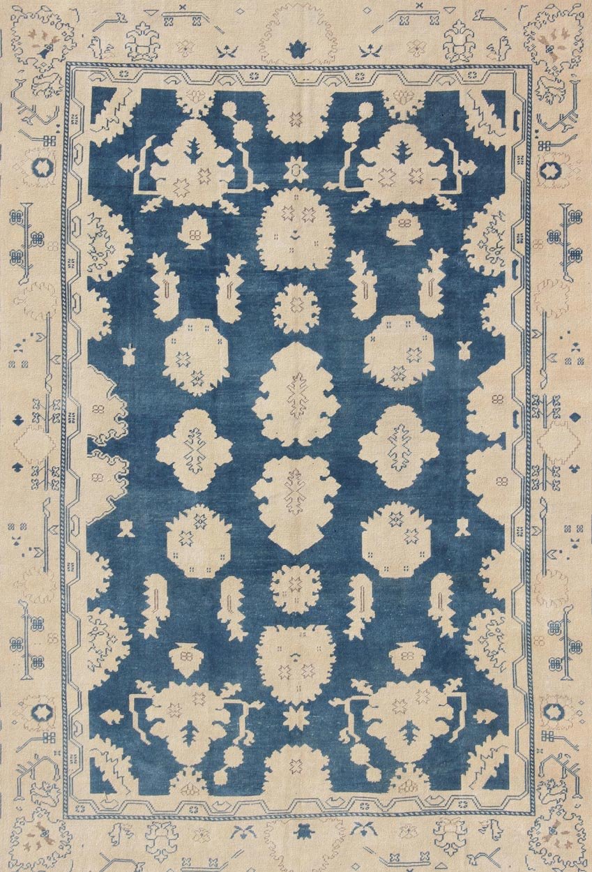 Vintage Turkish Oushak Rug with All - Over Design in Royal Blue and Ivory kwarugs Nude and Royal blue Oushak rug vintage from Turkey with all - over design of etched motifs, rug en - 165934, country of origin / type: Turkey / Oushak, circa 1940. ... - Keivan Woven ArtsEN - 165934 - 10622Rug