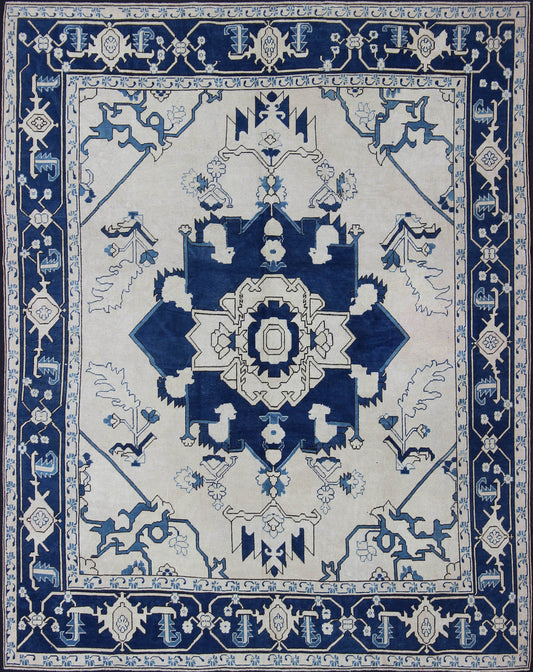 Navy Blue Oushak Rug with Traditional Medallion Design Vintage Oushak with Botanical Medallion Design in Blue and Ivory, rug en - 165935, country of origin / type: Turkey / Oushak, circa 1940 This vintage Oushak carpet from mid - 20th century... - Keivan Woven ArtsEN - 165935 - 11257