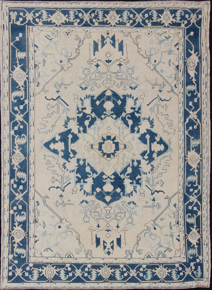 Blue and Ivory Geometric Design Vintage Turkish Rug with Blossoming Medallion kwarugs Geometric design Medallion Oushak rug from 1940's Turkey in ivory and blue tones, rug en - 165321, country of origin / type: Turkey / Oushak, circa 1940. ... - Keivan Woven ArtsEN - 165938 - 10958Rug