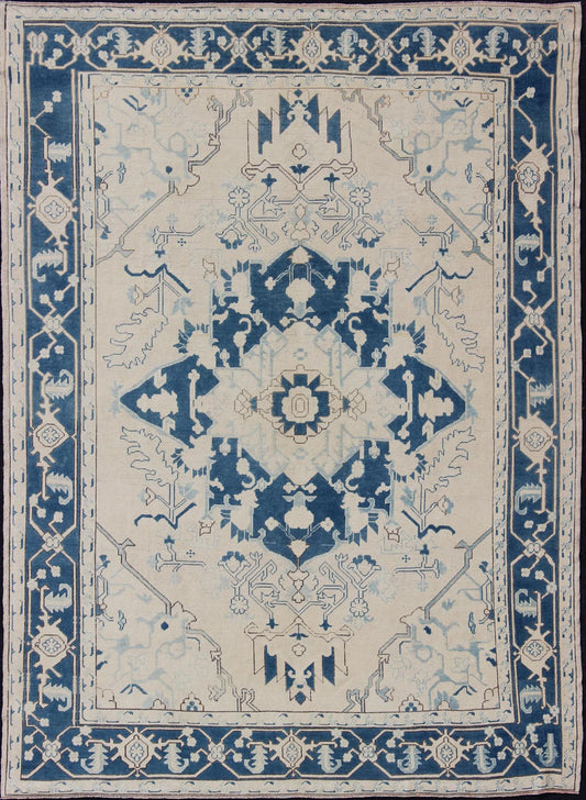 Blue and Ivory Geometric Design Vintage Turkish Rug with Blossoming Medallion kwarugs Geometric design Medallion Oushak rug from 1940's Turkey in ivory and blue tones, rug en - 165321, country of origin / type: Turkey / Oushak, circa 1940. ... - Keivan Woven ArtsEN - 165938 - 10958Rug