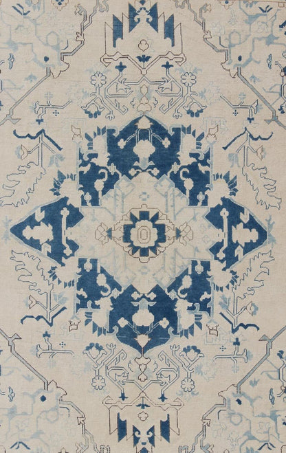 Blue and Ivory Geometric Design Vintage Turkish Rug with Blossoming Medallion kwarugs Geometric design Medallion Oushak rug from 1940's Turkey in ivory and blue tones, rug en - 165321, country of origin / type: Turkey / Oushak, circa 1940. ... - Keivan Woven ArtsEN - 165938 - 10958Rug