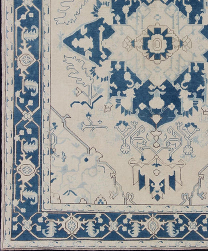 Blue and Ivory Geometric Design Vintage Turkish Rug with Blossoming Medallion kwarugs Geometric design Medallion Oushak rug from 1940's Turkey in ivory and blue tones, rug en - 165321, country of origin / type: Turkey / Oushak, circa 1940. ... - Keivan Woven ArtsEN - 165938 - 10958Rug