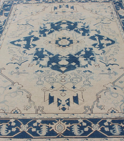 Blue and Ivory Geometric Design Vintage Turkish Rug with Blossoming Medallion kwarugs Geometric design Medallion Oushak rug from 1940's Turkey in ivory and blue tones, rug en - 165321, country of origin / type: Turkey / Oushak, circa 1940. ... - Keivan Woven ArtsEN - 165938 - 10958Rug