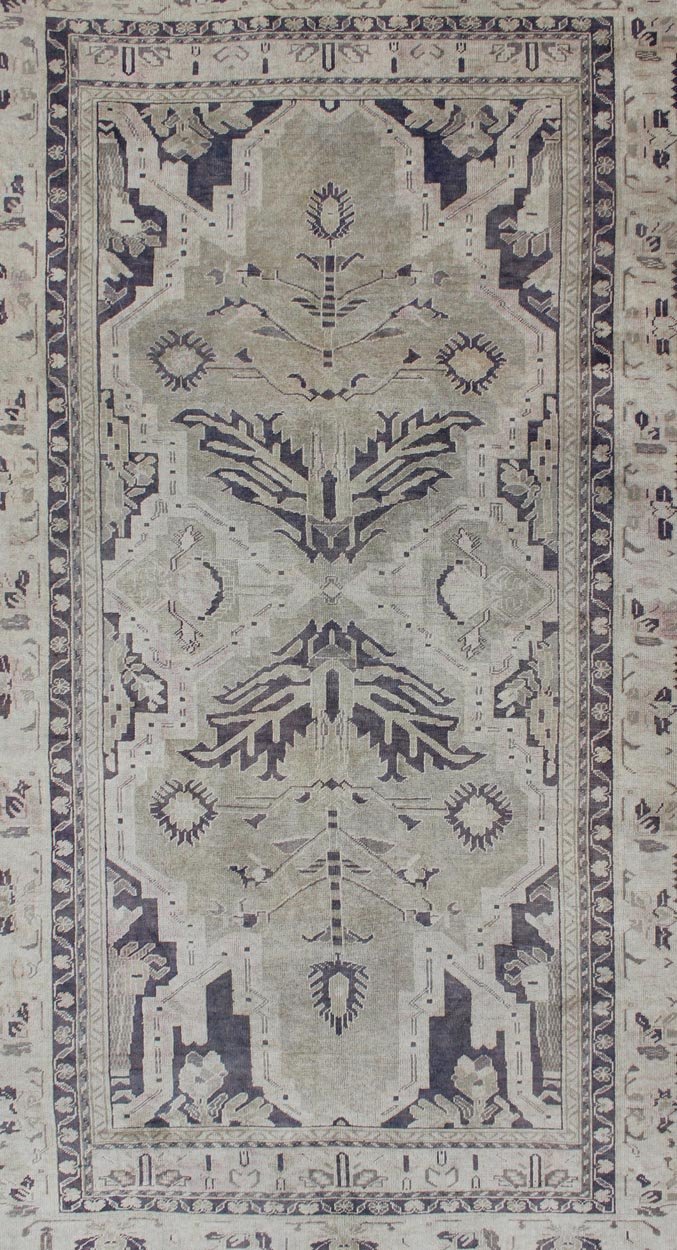 Vintage Hand Knotted Turkish Oushak Rug With Dual Medallion Design in Dark Blue and Taupe Dual medallion design Turkish vintage rug in neutral tones, dark blue and taupe, Keivan Woven Arts / rug en - 165961, country of origin / type: turkey / Oush... - Keivan Woven ArtsEN - 165961 - 11197Rug