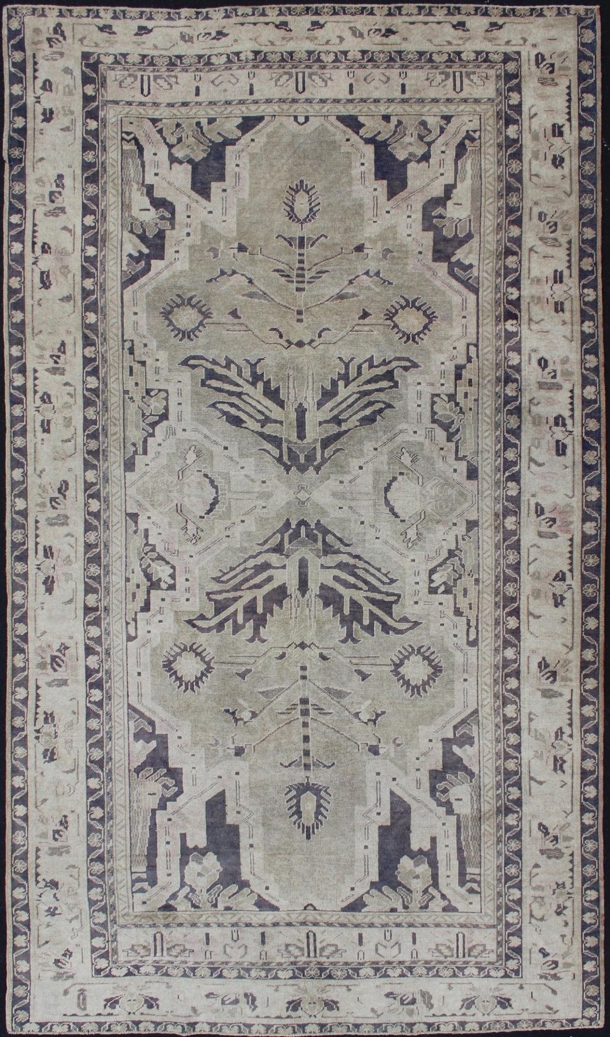 Vintage Hand Knotted Turkish Oushak Rug With Dual Medallion Design in Dark Blue and Taupe Dual medallion design Turkish vintage rug in neutral tones, dark blue and taupe, Keivan Woven Arts / rug en - 165961, country of origin / type: turkey / Oush... - Keivan Woven ArtsEN - 165961 - 11197Rug
