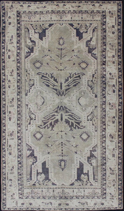 Vintage Hand Knotted Turkish Oushak Rug With Dual Medallion Design in Dark Blue and Taupe Dual medallion design Turkish vintage rug in neutral tones, dark blue and taupe, Keivan Woven Arts / rug en - 165961, country of origin / type: turkey / Oush... - Keivan Woven ArtsEN - 165961 - 11197Rug