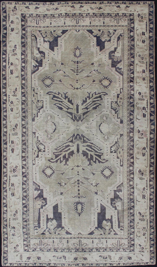 Vintage Hand Knotted Turkish Oushak Rug With Dual Medallion Design in Dark Blue and Taupe Dual medallion design Turkish vintage rug in neutral tones, dark blue and taupe, Keivan Woven Arts / rug en - 165961, country of origin / type: turkey / Oush... - Keivan Woven ArtsEN - 165961 - 11197Rug