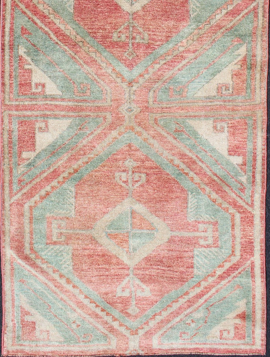 Vintage Hand Knotted Oushak Runner in Aqua and Soft, Rosy Red Two - toned Turkish runner with Diamond design, rug en - 165990, Keivan Woven Arts / country of origin / type: Turkey / Oushak, circa 1940. This colorful Oushak runner consists of ... - Keivan Woven ArtsEN - 165990 - 11361Rug