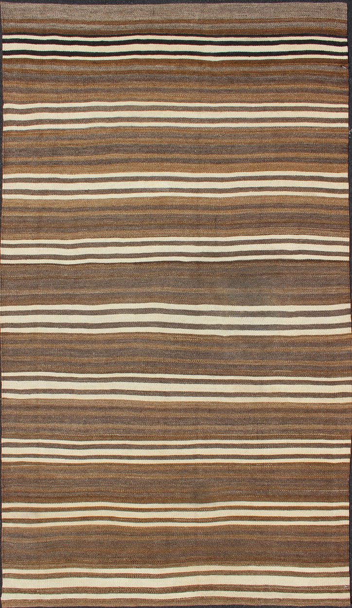 Striped Hand Woven Turkish Vintage Kilim Flat - Weave Rug in Brown's and Ivory Ivory and brown vintage Kilim from Turkey with Minimalist stripes, Keivan Woven Arts / rug en - 165992, country of origin / type: Turkey / Kilim, circa 1950 This v... - Keivan Woven ArtsEN - 165992 - 11433Rug