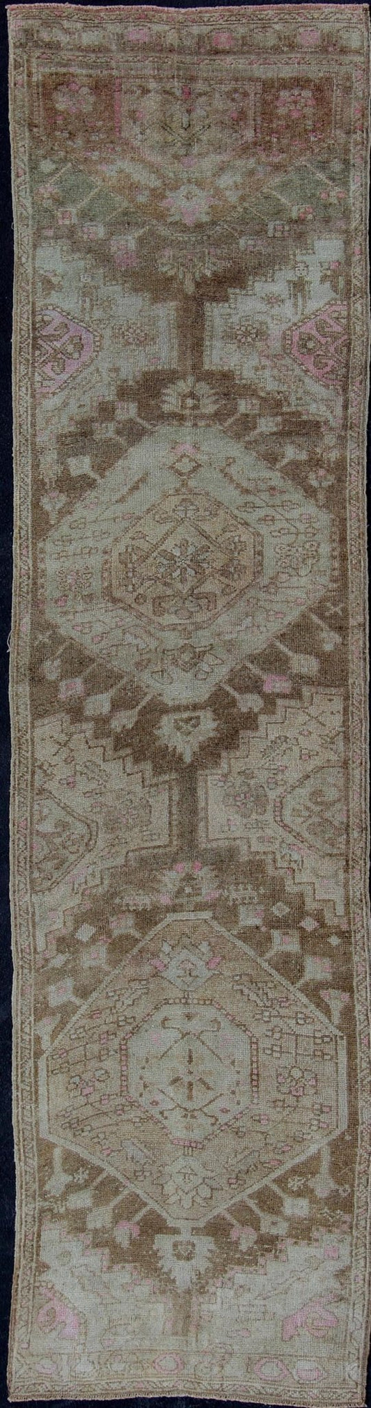 Vintage Oushak Runner from Turkey with vertical medallion design in brown, wheat, lavender pink, ivory, tones, rug en - 176011, country of origin / type: Turkey / Oushak, circa 1940 This beautiful vintage Oushak runner from 1940s Turkey features a... - Keivan Woven ArtsEN - 176011 - 11201Rug