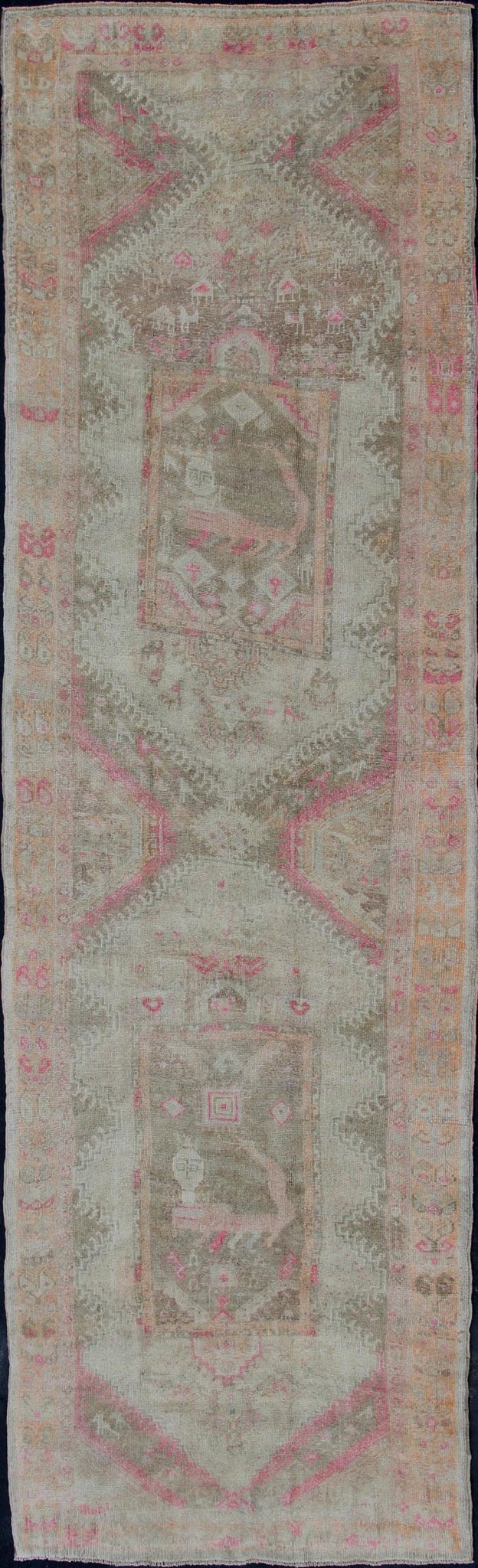 Long vintage runner, wide vintage runner from Turkey with vertical medallion design in green, purple, gray, pale orange and nude rug en - 176012, country of origin / type: Turkey / Oushak, circa 1940. This beautiful vintage Oushak runner from 1940... - Keivan Woven ArtsEN - 176012 - 11205Rug