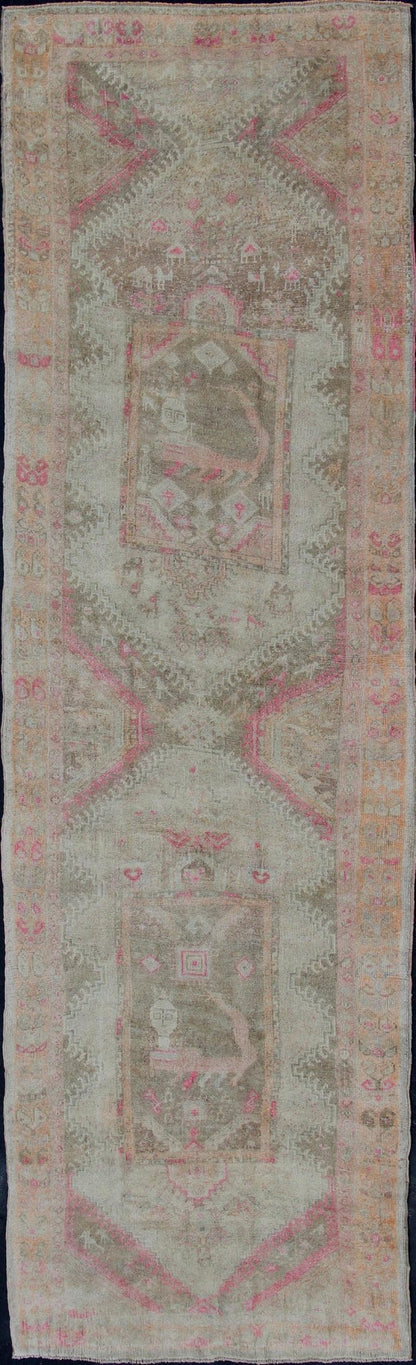Long vintage runner, wide vintage runner from Turkey with vertical medallion design in green, purple, gray, pale orange and nude rug en - 176012, country of origin / type: Turkey / Oushak, circa 1940. This beautiful vintage Oushak runner from 1940... - Keivan Woven ArtsEN - 176012 - 11205Rug