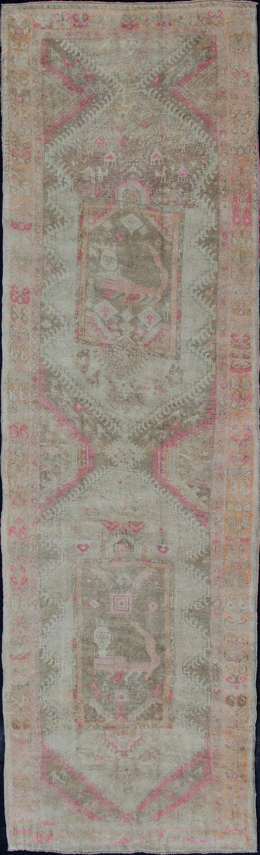 Long vintage runner, wide vintage runner from Turkey with vertical medallion design in green, purple, gray, pale orange and nude rug en - 176012, country of origin / type: Turkey / Oushak, circa 1940. This beautiful vintage Oushak runner from 1940... - Keivan Woven ArtsEN - 176012 - 11205Rug