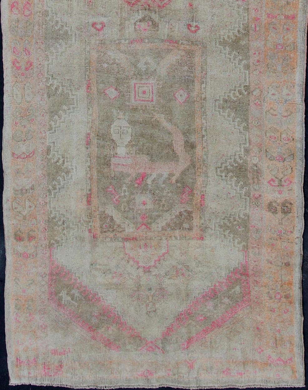 Long vintage runner, wide vintage runner from Turkey with vertical medallion design in green, purple, gray, pale orange and nude rug en - 176012, country of origin / type: Turkey / Oushak, circa 1940. This beautiful vintage Oushak runner from 1940... - Keivan Woven ArtsEN - 176012 - 11205Rug