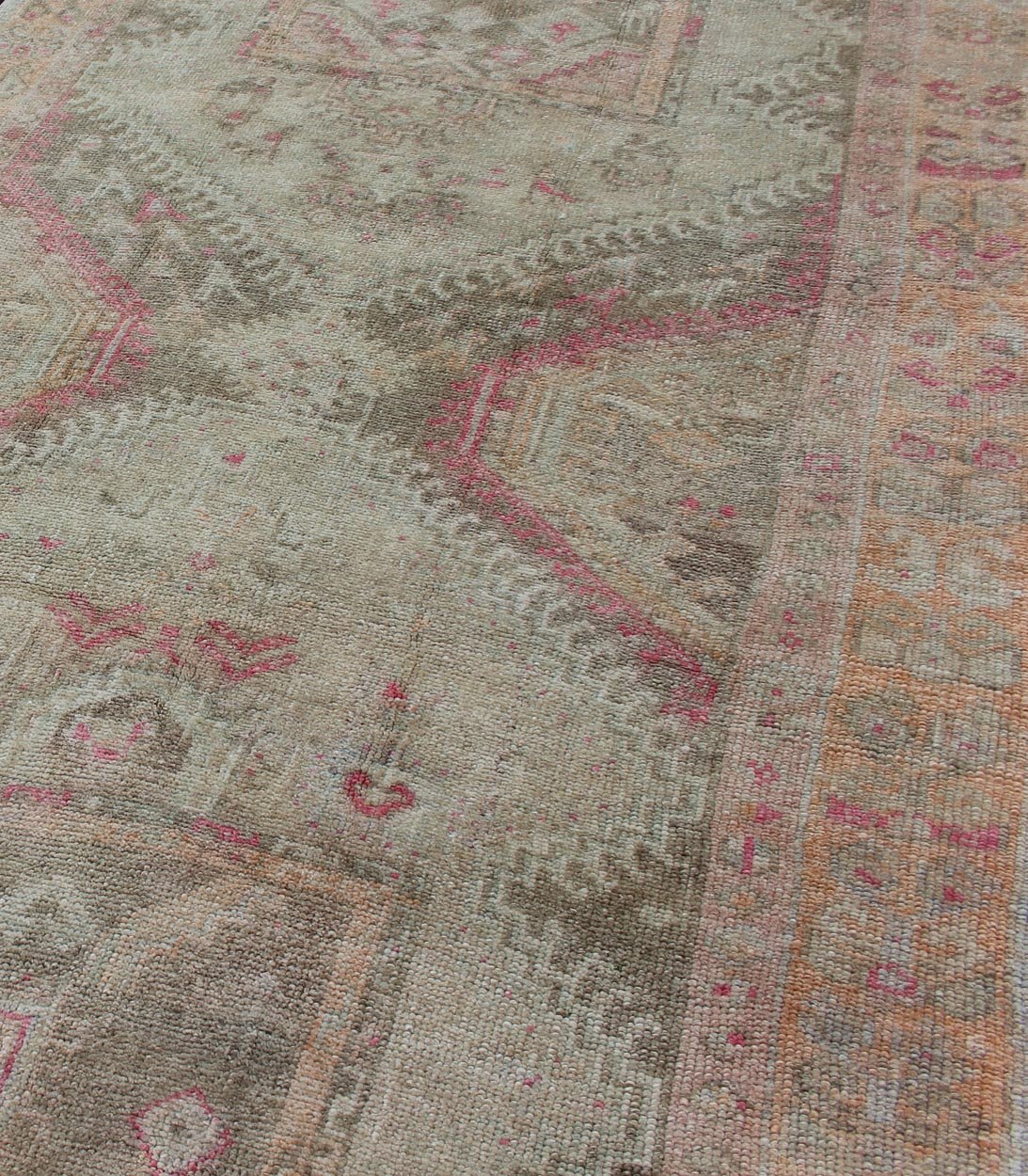 Long vintage runner, wide vintage runner from Turkey with vertical medallion design in green, purple, gray, pale orange and nude rug en - 176012, country of origin / type: Turkey / Oushak, circa 1940. This beautiful vintage Oushak runner from 1940... - Keivan Woven ArtsEN - 176012 - 11205Rug