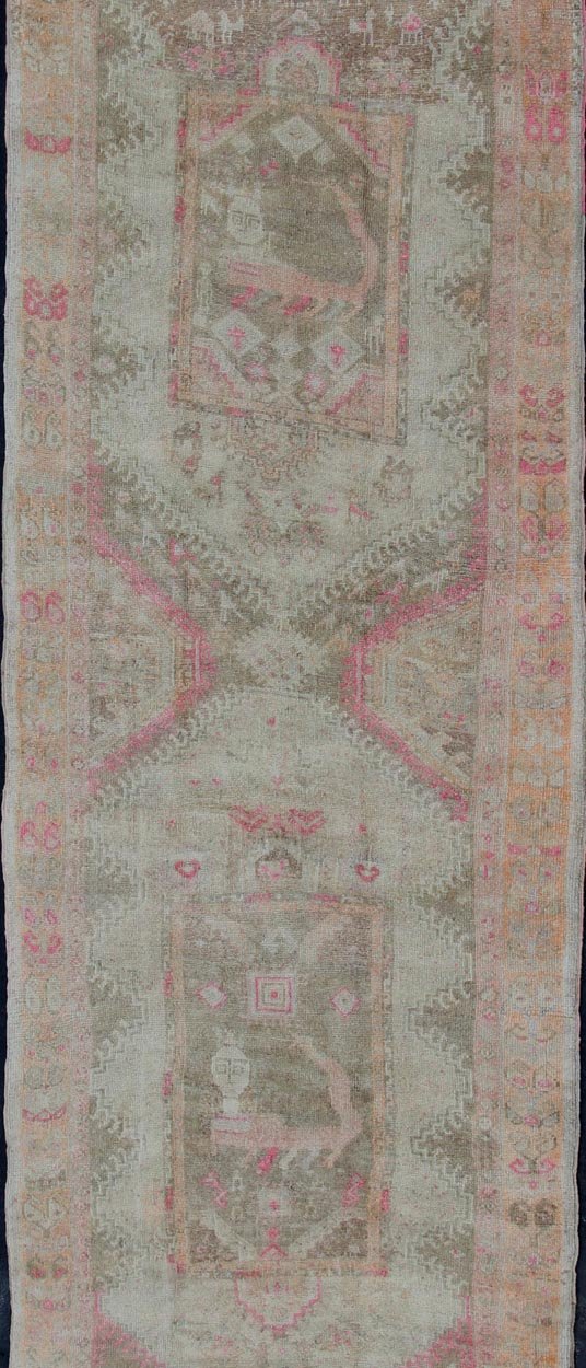 Long vintage runner, wide vintage runner from Turkey with vertical medallion design in green, purple, gray, pale orange and nude rug en - 176012, country of origin / type: Turkey / Oushak, circa 1940. This beautiful vintage Oushak runner from 1940... - Keivan Woven ArtsEN - 176012 - 11205Rug